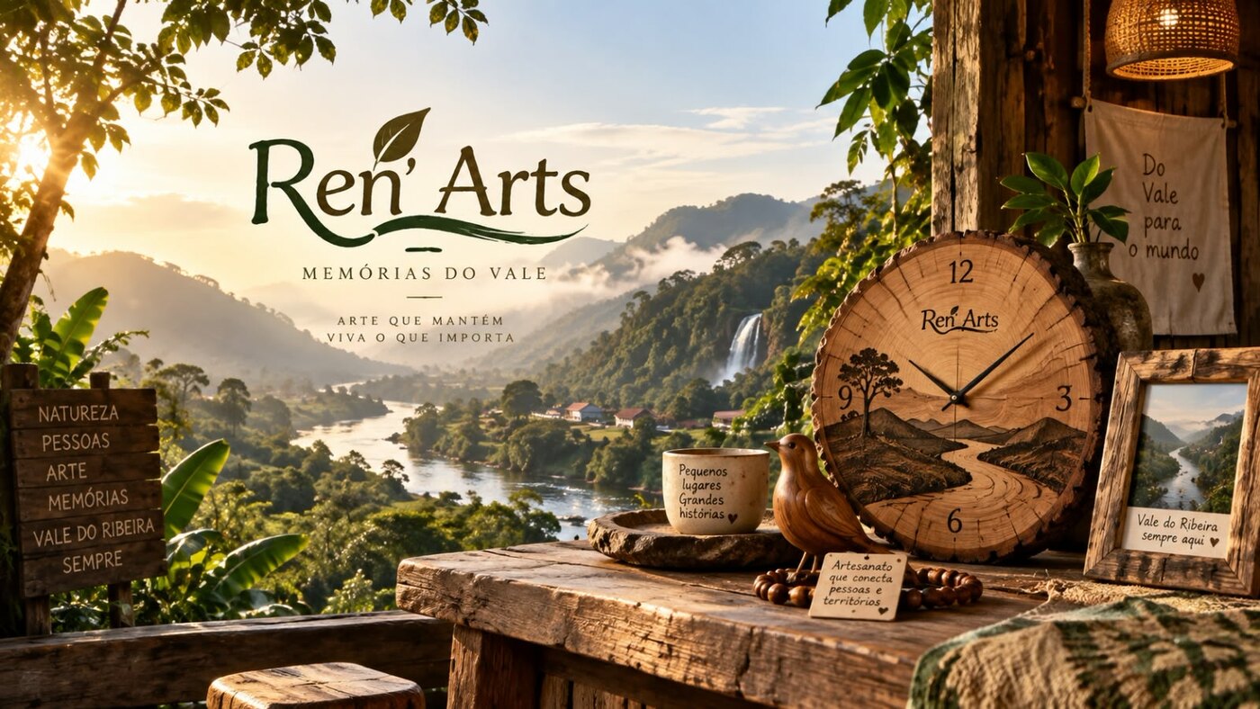 Mesa de madeira numa varanda com vista para o Vale do Ribeira, com relógio de fatia de tronco, caneca, pássaro entalhado e quadro da marca Ren' Arts